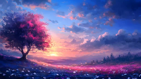 Solitary pink tree over glowing sunset meadow landscape.
