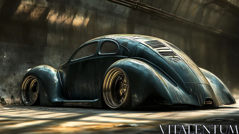 Low-slung retro custom car glides through gritty tunnel.