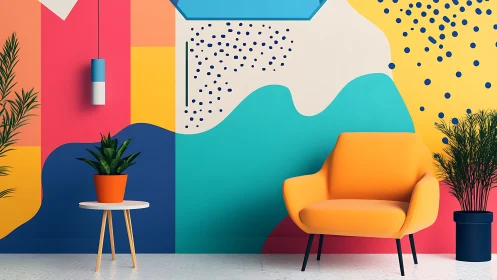 Colorstorms swirl while a lone orange chair calmly holds court