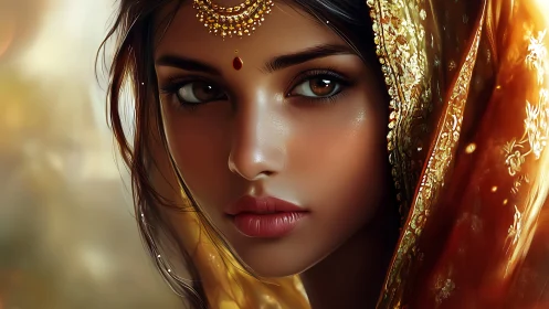 Golden light surrounds a serene, jeweled gaze in close portrait
