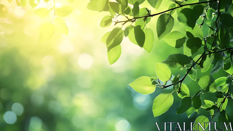 Sunlit Green Leaves in Nature, Soft Focus Botanical Background.