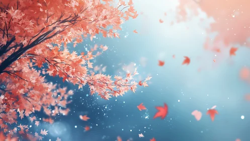 Autumn maple branches with falling leaves on soft blue sky.