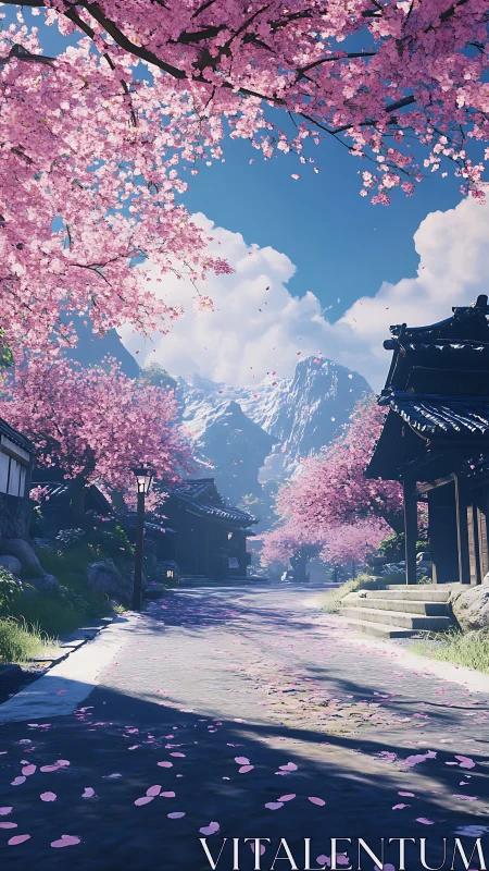 Petal-laced village street drifts softly toward blue mountains