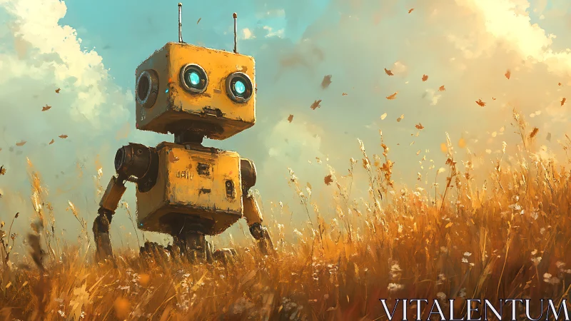 Weathered yellow robot surveys windswept field under diffuse light