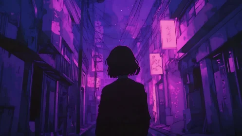 Silhouetted figure in neon purple urban alley at night.