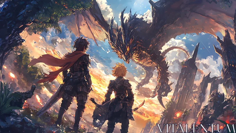 Armored adventurers confront airborne dragon amid molten spires