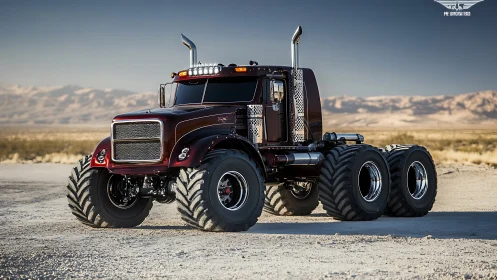 Custom six-wheel off-road semi truck stands in desert