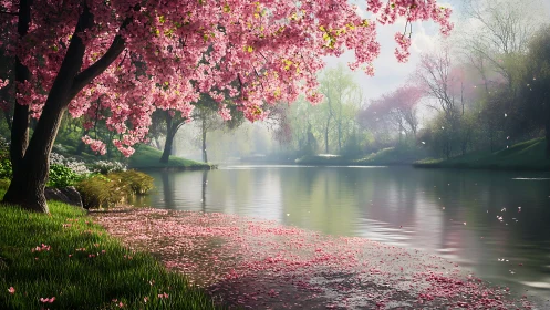 Cherry blossoms over calm river reflect soft spring light