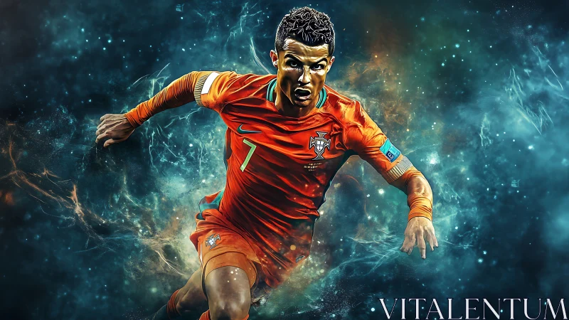 Digital illustration of soccer player in orange uniform sprinting.