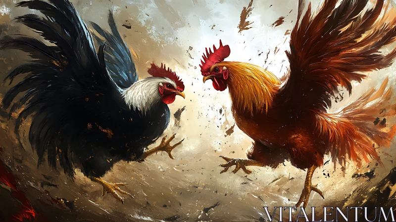 Rooster Combat Clash: Dramatic Confrontation with Dynamic Feather Displacement