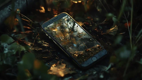 Smartphone lies in autumn forest, screen mirroring sky.