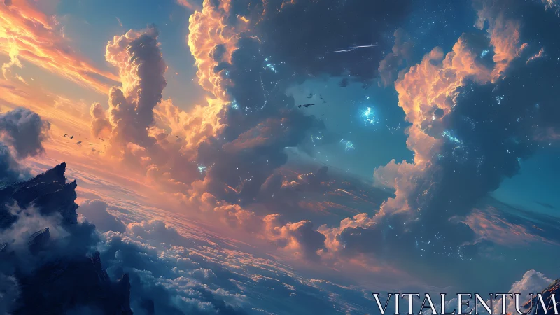 Astrophysical cloudscape merges nebular sky with tilted cliffs