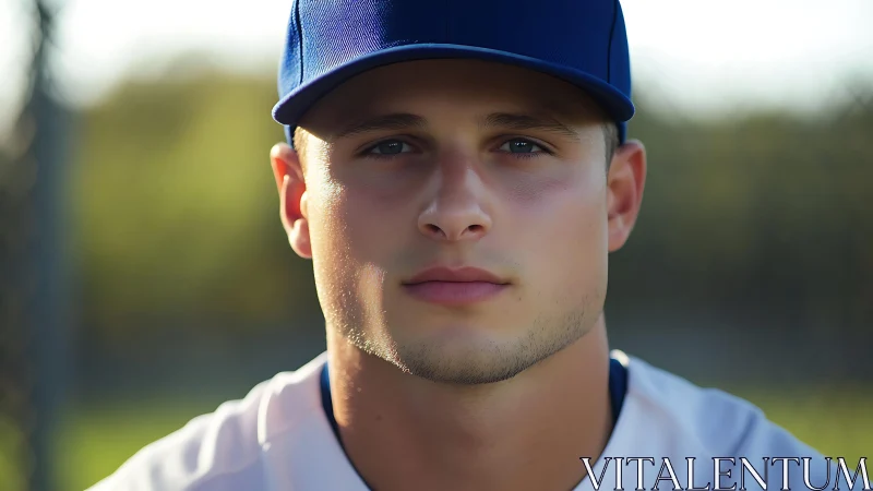 Close portrait of young baseball player outdoors at dusk.