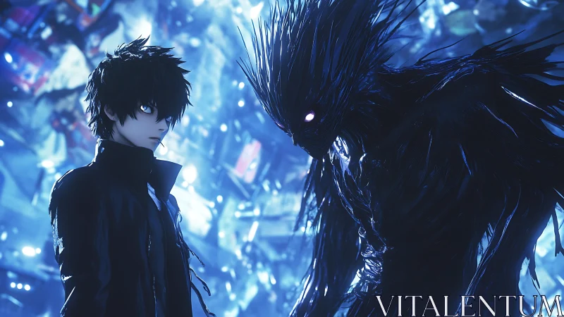 Neon-lit anime youth confronting luminous void wraith entity