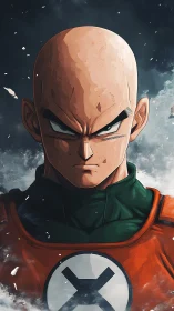 Intense bald warrior portrait with stormlit heroic stance.