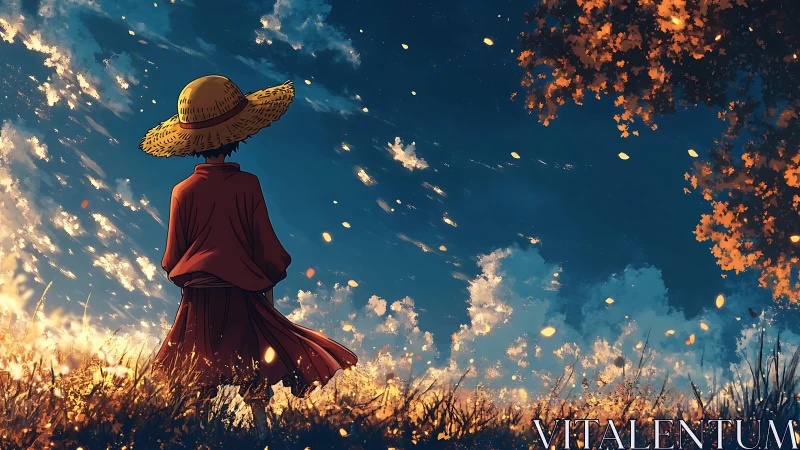Straw-hatted wanderer beneath luminous autumn skyscape.