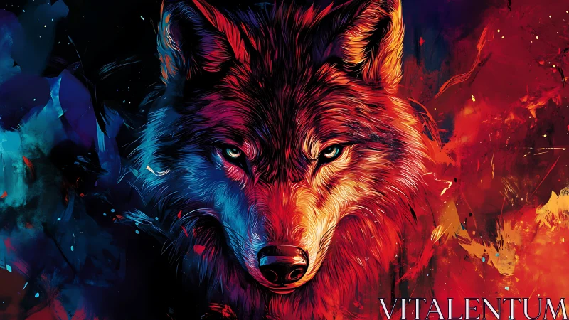 Vibrant cosmic wolf gazing through fire and starlit color.