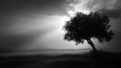 Solitary tree leans into dawn light over a misted field
