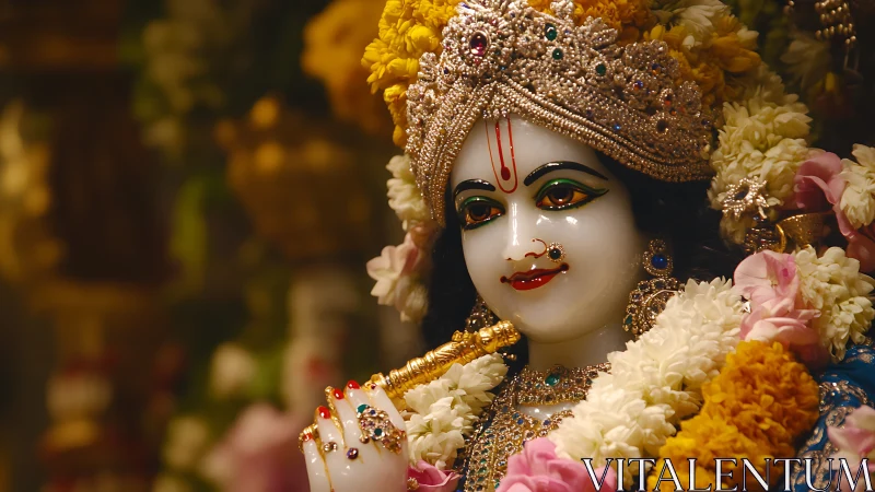Ornately adorned Hindu deity idol with jeweled crown and garlands
