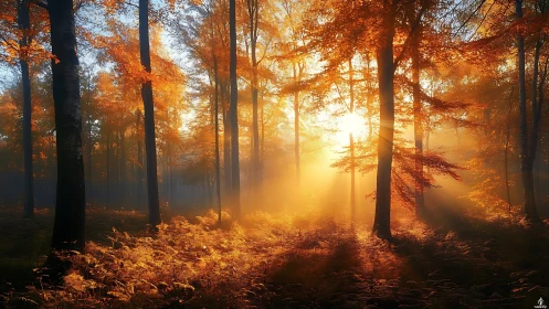 Sunlight filters through dense autumn forest at sunrise