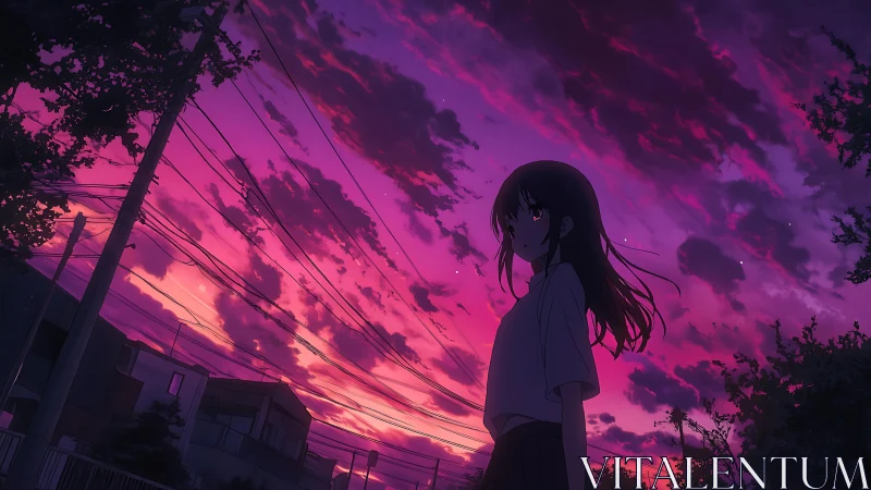 Girl under a dreamy magenta sunset sky in quiet streets.