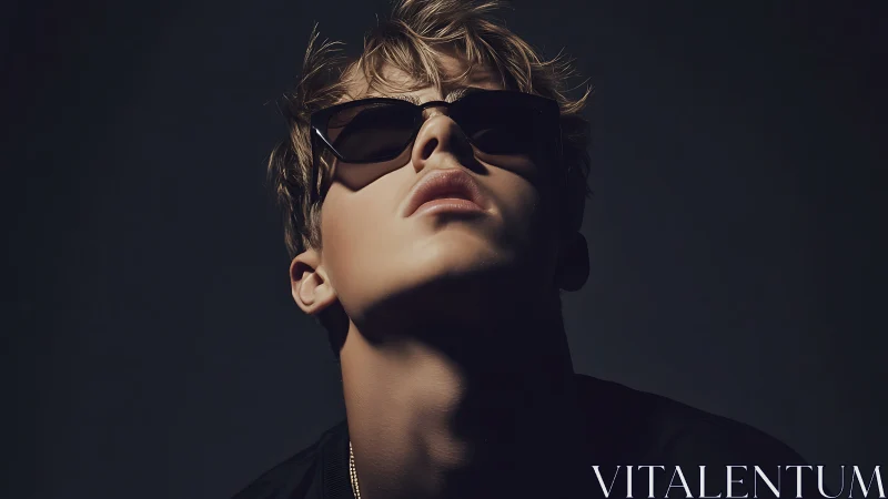 Male subject in sunglasses under directional studio lighting.