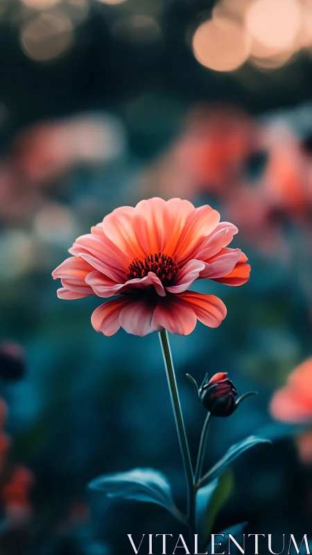Coral gerbera daisy in sharp focus with blurred background bokeh.