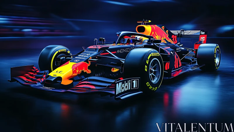 Red Bull Formula 1 car on neon lit track in motion.