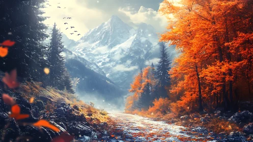 Autumn forest trail leading toward snowy mountain peaks.