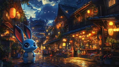 Lantern-lit alley welcomes a blue bunny under moonwashed skies.