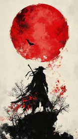 Silhouetted warrior stands below distressed red circular sun