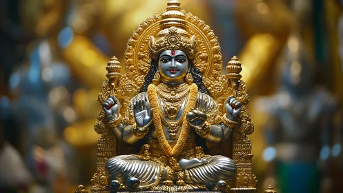 Golden Hindu deity sculpture with intricate divine ornamentation.