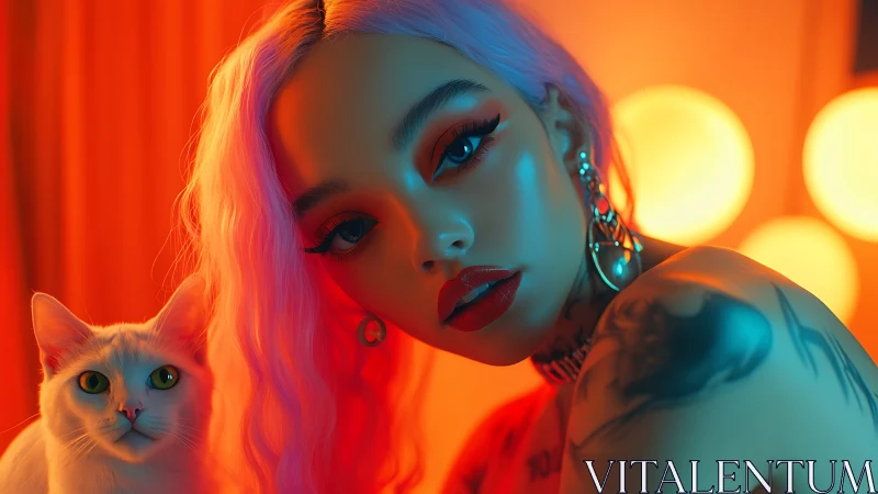 Neon lit woman and white cat share a bold electric glow together