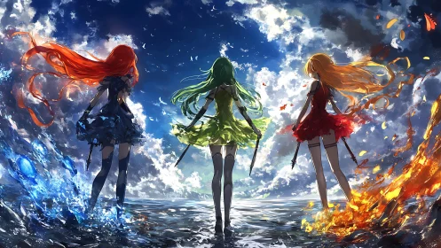 Elemental anime trio stands against turbulent sky and sea