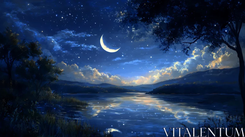 Crescent moon over calm lake with starlit night sky view.