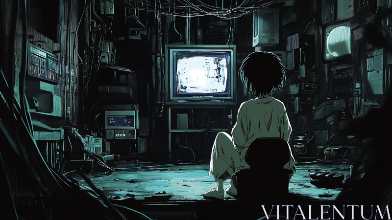 Solitary figure before static screen in cluttered control room.