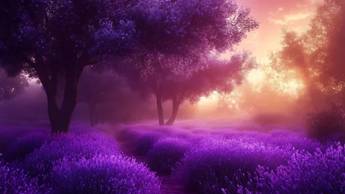 Lavender forest glows in dreamy violet light at sunrise