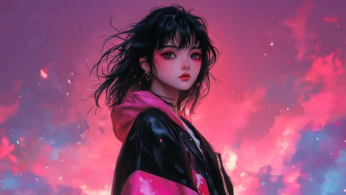 Black haired girl in pink jacket before vivid sky backdrop.
