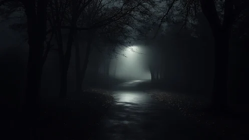 Foggy nocturnal forest path with backlit atmospheric haze