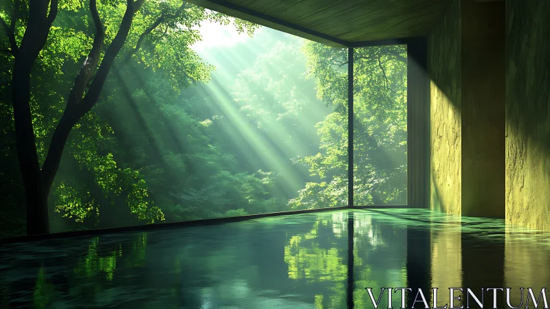 Forest-view pool interior captures volumetric light and reflection