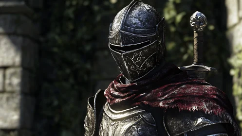 Helmeted medieval knight stands in armor before stone wall