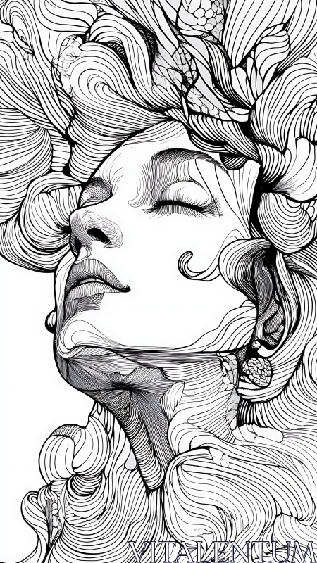Serene linework portrait drifting into a quiet dreamscape.