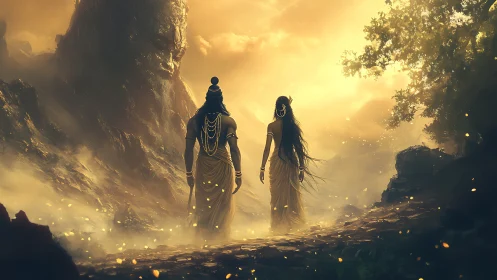 Divine couple walking toward glowing mythic mountain path.