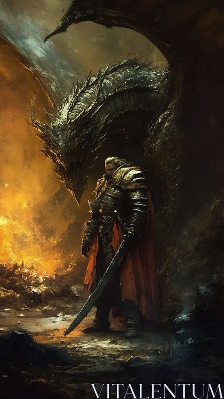 Knight and shadow dragon share a quiet, burning dusk.