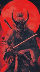 Horned demon samurai grips katana before red circular backdrop
