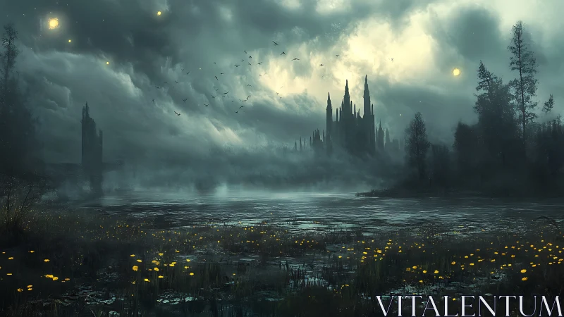 Moonlit marsh and distant castle wrapped in gentle mystery.