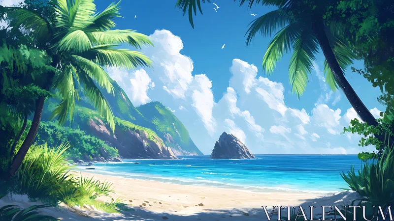 Tropical Beach Cove with Palm Framing and Distant Island.