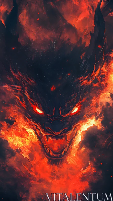 Fiery dragon head emerges from dense, dark smoke cloud