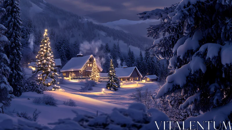 Snow-covered alpine cabins with illuminated fir trees at dusk
