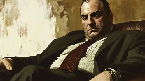 Brooding suited mob boss in moody digital portrait.